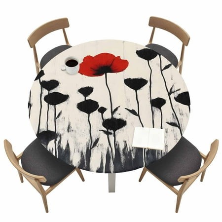 Oil Painting Flower Round Fitted Tablecloth with Elastic Edge Abstract Red Black Flowers Plant Linen Texture Table Cover Fit for 45 -54  Tables Waterp
