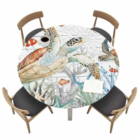 Sea Turtle Coral Summer Ocean Round Fitted Tablecloth with Elastic Edge Fish Wooden Table Cover Fit for 36 -44  Tables Waterproof Tablecloths for Dinn
