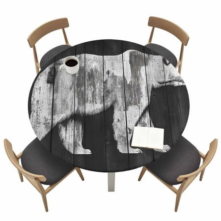 Impressionist Theme Round Fitted Tablecloth with Elastic Edge Retro White Bear Wood Texture Table Cover Fit for 45 -54  Tables Waterproof Tablecloths 