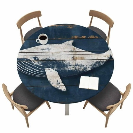 Ocean Animal Round Fitted Tablecloth with Elastic Edge Retro Whale Watercolor Blue Wood Grain Table Cover Fit for 36 -44  Tables Waterproof Tablecloth
