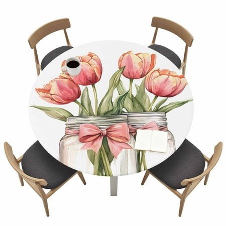 Rustic Tulip Round Fitted Tablecloth with Elastic Edge Retro Watercolor Red Floral Green Leaf Plant Table Cover Fit for 36 -44  Tables Waterproof Tabl
