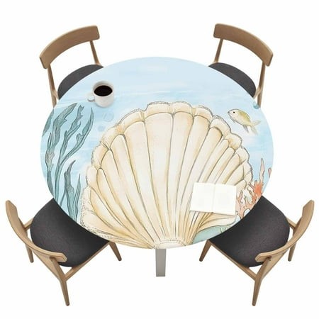 Shell Starfish Round Fitted Tablecloth with Elastic Edge Watercolor Fish Seaweed Table Cover Fit for 45 -54  Tables Waterproof Tablecloths for Dinner 