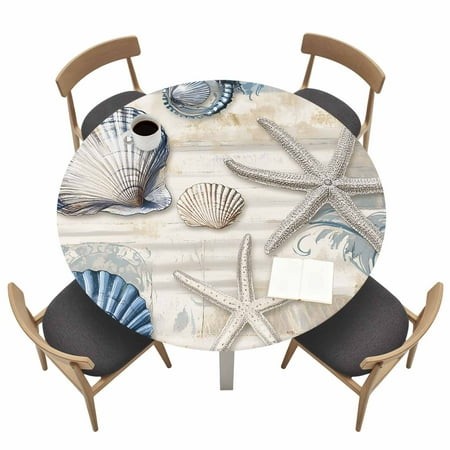Retro Ocean Round Fitted Tablecloth with Elastic Edge Blue Starfish Shell Table Cover Fit for 55 -60  Tables Waterproof Tablecloths for Dinner Camping