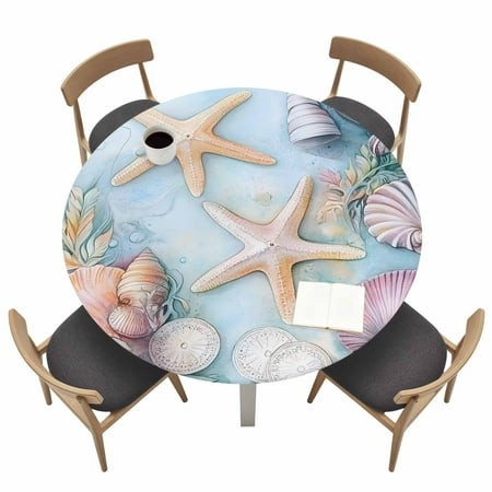 Vintage Ocean Round Fitted Tablecloth with Elastic Edge Watercolor Coral Table Cover Fit for 55 -60  Tables Waterproof Tablecloths for Dinner Camping 