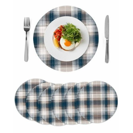 Round Woven Placemats Set of 6  Brown Blue Checkered Plaid Washable&Heat Resistant Plastic Wipeable Placemats for Round Table Rustic Buffalo Plaid Kit