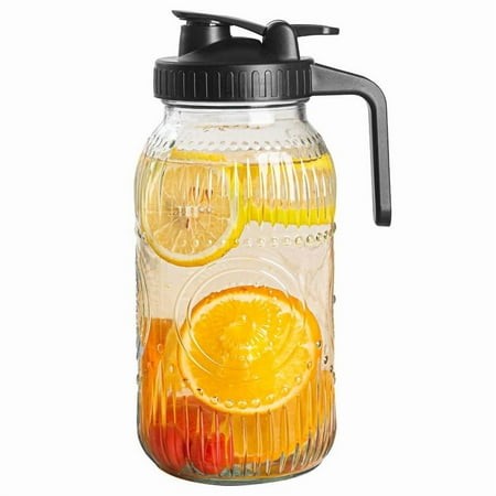 Vintage Half Gallon Mason Jar Pitcher Large 64 Oz Wide Mouth with Lid - 2 Quart Airtight Glass Jug for Water  Juice  Milk  Tea  Iced Coffee and Drinks