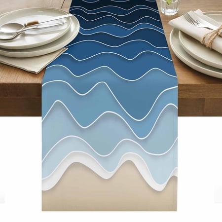 Ocean Waves Table Runner 14 X 72 Inch  Abstract Spray Beach Washable Cotton Linen Dining Table Runner Tabletop Decorations for Restaurant Home Kitchen