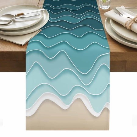 Ocean Waves Table Runner 14 X 72 Inch  Abstract Spray Beach Washable Cotton Linen Dining Table Runner Tabletop Decorations for Restaurant Home Kitchen