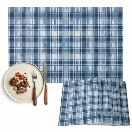 Placemats Set of 6  Buffalo Plaid Place Mats Blue Watercolor Check Stripes Tablemats Washable Placemat Table Decoration for Kitchen Table Dinner Party