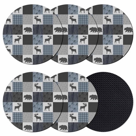 Blue Cabin Check Coasters Set of 6  Rustic Bear Elk Farmhouse Buffalo Plaid Absorbent Coasters for Drinks  Coaster for Bar Office Dining Coffee Table 