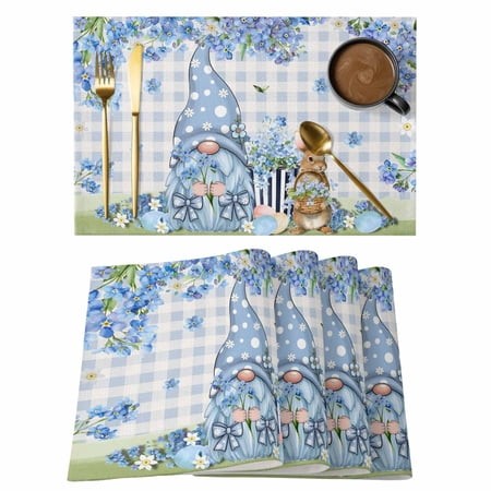 Placemats Set of 6  Easter Woven Placemat  Linen Place Mats for Kitchen/Dining Tables  Spring Blue Gnomes Rabbit Eggs Floral Buffalo Plaid Washable Ta