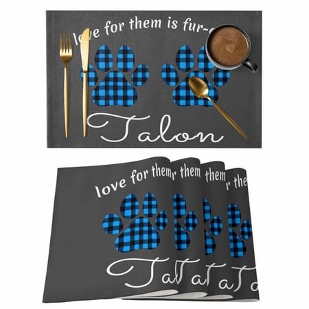 Cats Pawprints Placemats Set of 6  Blue Black Buffalo Plaid Pets Paw Grey Placemats for Dining Table  Place Mats for Kitchen Tabletop  Waterproof Wipe