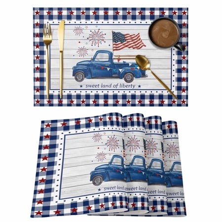 Independence Day Placemats Set of 6  Blue Fireworks Flag Star Buffalo Plaid Placemats for Dining Table  Place Mats for Kitchen Tabletop  Waterproof Wi