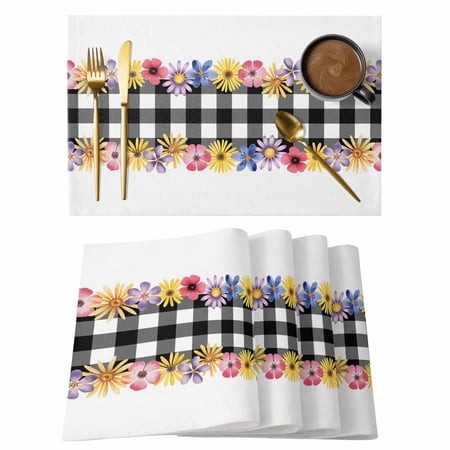 Spring Flowers Placemats Set of 6  Watercolor Pink Yellow Purple Blue Floral Black Buffalo Plaid Non-Slip Place Mats Washable Table Mats for Kitchen D