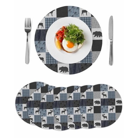 Blue Cabin Check Round 13 Inch Placemats Set of 6  Rustic Bear Elk Farmhouse Buffalo Plaid HeatResistant Non Slip Place Mats for Dining Table  Wipeabl