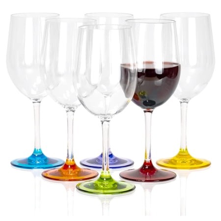 Red Co. Set of 6 Classic Clear Acrylic 12 Fl Oz Outdoor Wine Glasses with Multicolor Bases