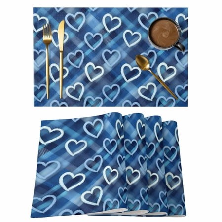 Valentine S Day Placemats Set of 6  Love Heart Blue Cowboy Buffalo Plaid Placemats for Dining Table  Place Mats for Kitchen Tabletop  Waterproof Wipea