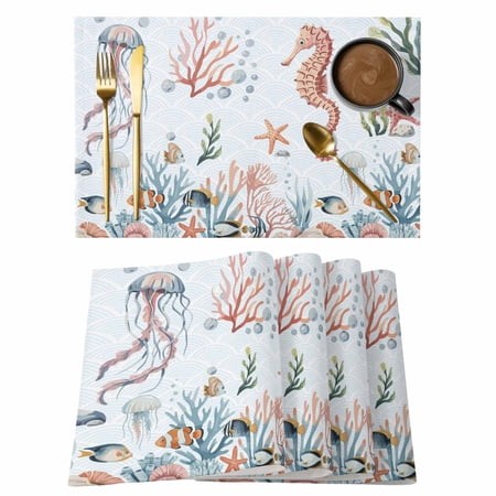 Seahorse Coastal Placemats Set of 8  Summer Beach Ocean Shell Jellyfish Starfish Placemats for Dining Table  Place Mats for Kitchen Tabletop  Waterpro