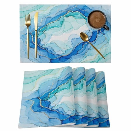 Teal Blue Ombre Marble Placemats Set of 12  Abstract Art Marble Fluid Placemats for Dining Table  Place Mats for Kitchen Tabletop  Waterproof Wipeable