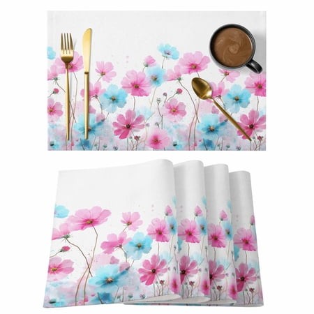 Blue Pink Flowers Placemats Set of 4  Spring Garden Floral Watercolor Placemats for Dining Table  Place Mats for Kitchen Tabletop  Waterproof Wipeable