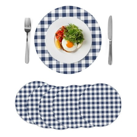 Navy Blue White Plaid Round Placemats Set of 6  Braided Polypropylene Place Mats  Farmhouse Checkered Buffalo Washable Table Mats for Kitchen Dinner H