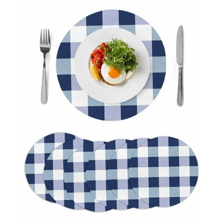 Navy Blue Plaid Round Placemats Set of 6  Braided Polypropylene Place Mats  Spring Farmhouse Buffalo Checkered Washable Table Mats for Kitchen Dinner 