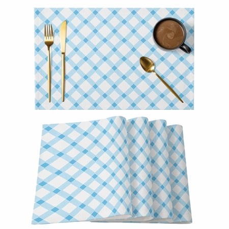 Happy Easter Placemats Set of 6  Simple Abstract Light Blue White Buffalo Plaid Stripes Non-Slip Place Mats Washable Table Mats for Kitchen Dining Tab