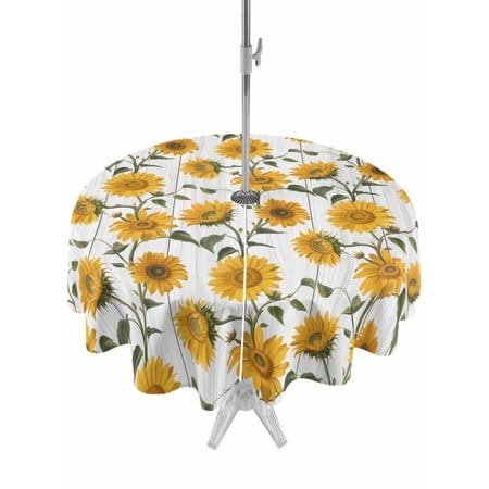 Outdoor Tablecloths with Umbrella Hole & Zipper  Sunflowers Round Tablecloths 60 Inch  Spring Botanical Yellow Flowers Branches Waterproof Table Cloth