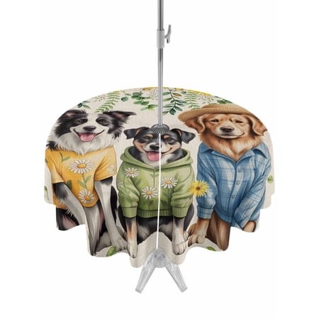 Outdoor Tablecloths with Umbrella Hole & Zipper  Spring Dog Round Tablecloth 54 Inch  Sunflower Daisy Botanical Rustic Waterproof Table Cloth  Patio/P