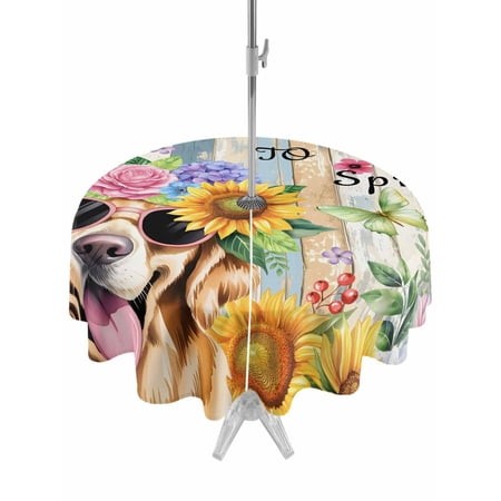 Outdoor Tablecloths with Umbrella Hole & Zipper  Spring Dog Round Tablecloth 54 Inch  Retro Watercolor Botanical Floral Sunflower Waterproof Table Clo