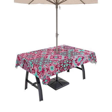 Outdoor Tablecloths with Umbrella Hole & Zipper  Vintage Middle Century 60 X102 Inch Rectangle Tablecloths  Abstract Bohemia Style Aztec Pink Waterpro