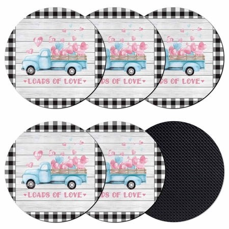 Valentine S Day Coasters Set of 6  Absorbent Coasters for Drinks  Blue Love Truck Buffalo Plaid Romantic Wood Coaster for Desk Coffee Table Protection
