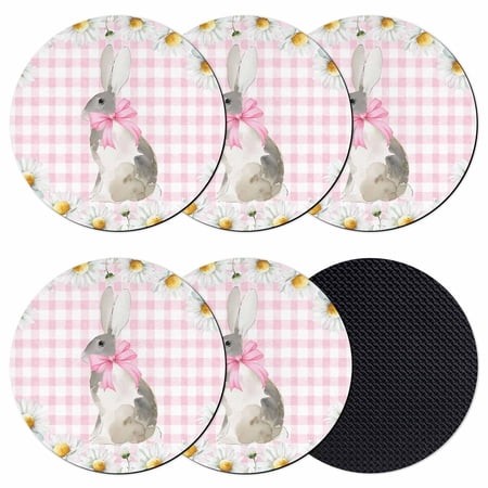 Blue Easter Bunny Coasters Set of 6  Absorbent Coasters for Drinks  Spring Daisy Modern Pink Buffalo Plaid Coaster for Desk Coffee Table Protection  H