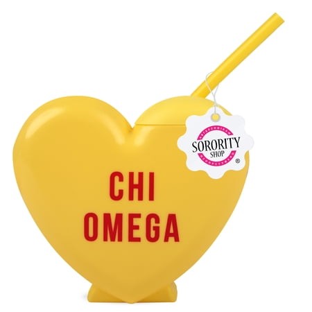 Chi Omega Tumbler with Straw - Candy Heart Shaped 16 Oz Tumbler with Lid and Silicone Straw  Reusable Plastic Cup with Screen Printed Sorority Name fo