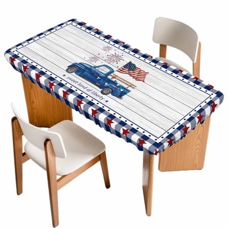 Independence Day Table Cloths for 6 Foot Rectangle Tables  Blue Fireworks Flag Star Buffalo Plaid Patio Waterproof Elastic Fitted Tablecloths  Washabl