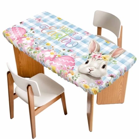 Blue Easter Table Cloths for 6 Foot Rectangle Tables  Spring Easter Bunny Eggs Floral Buffalo Plaid Patio Waterproof Elastic Fitted Tablecloths  Washa