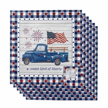Cloth Napkins Set of 6 - 20x20 Inches  Independence Day Washable Reusable Table Napkins  Blue Fireworks Flag Star Buffalo Plaid Soft & Absortbent Dini