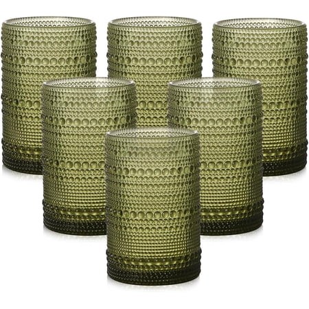 Vintage Glassware Drinking Glasses Set of 6 15 Oz Hobnail Glass Cups Embossed Green Water Tumbler for Beer Cocktail Whiskey Juice and Various Mixed Dr