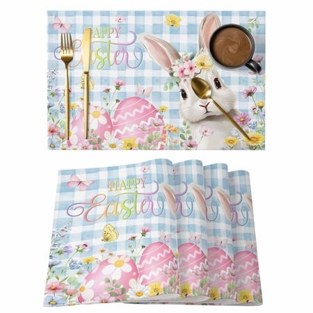 Blue Easter Placemats Set of 6 Spring Easter Bunny Eggs Floral Buffalo Plaid Place Mats Indoor Wipeable Table Mats Washable Dining Table Placemats for