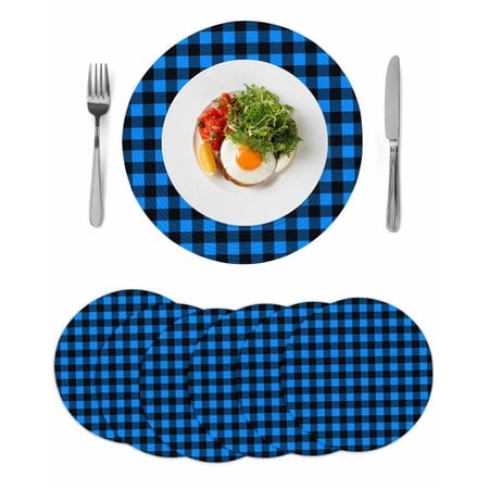 Black Blue Plaid Round Placemats Set of 6 for Dinning Tables Heat-proof Braided Table Mats 13 Inch Country Buffalo Checked Gingham Washable Place Mat 