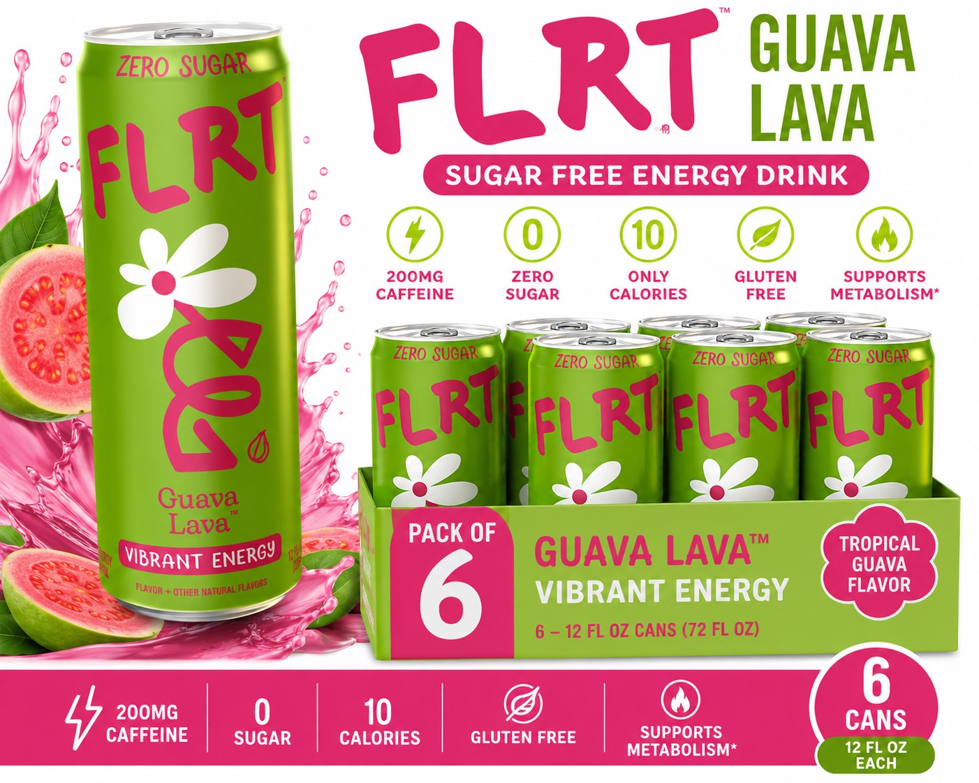 ⚡🌺 FLRT Guava Lava Sugar Free Energy Drink – 12 Fl Oz Cans, Pack of 6 ⚡🌺