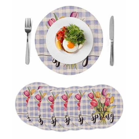 Round Placemats Spring Tulips Flower Plant 15 Inch Set of 6 Table Mats for Dining Table Blue Purple Buffalo Plaid Heat Resistant Non-Slip Kitchen & Ho