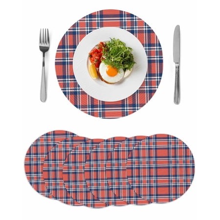 Orange Blue Round Placemats Set of 6 for Dinning Tables Heat-proof Braided Table Mats 13 Inch British Style Buffalo Plaid Lattice Washable Place Mat f