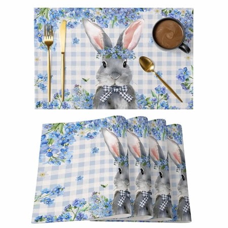 Spring Blue Flower Rabbit Placemats Set of 6 Wipeable Washable Table Mats for Dining Tables  Retro Buffalo Plaid Pastoral Floral Place Mats for Kitche