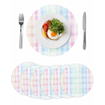 Blue Pink Plaid Round Placemats Set of 6 for Dinning Tables Heat-proof Braided Table Mats 15 Inch Pastel Green White Buffalo Patchwork Washable Place 