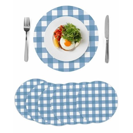 Blue White Plaid Round Placemats Set of 6 for Dinning Tables Heat-proof Braided Table Mats 15 Inch Gradient Geometric Buffalo Checkered Washable Place