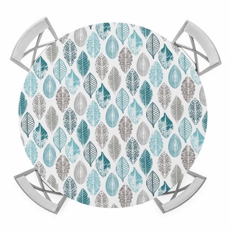 Leaves Pattern Teal Elastic Fitted Round Table Cover Minimalist Waterproof Outdoor Tablecloth for Holiday Party  Picnic  Patio & Dining Fits Tables up