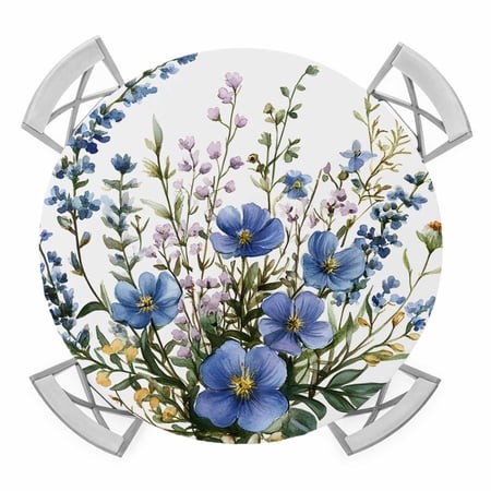Watercolor Blue Flower Elastic Fitted Round Table Cover Colorful Floral Waterproof Outdoor Tablecloth for Holiday Party  Picnic  Patio & Dining Fits T