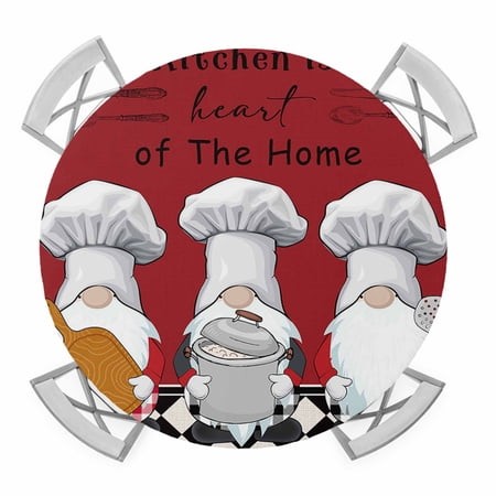 Chef Gnome Farmhouse Red Elastic Fitted Round Table Cover Black White Buffalo Checked Waterproof Outdoor Tablecloth for Holiday Party  Picnic  Patio &