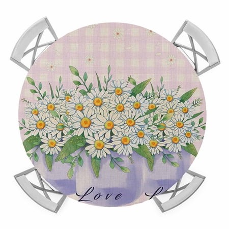 Daisy Floral on Bottle Elastic Fitted Round Table Cover Pink Buffalo Plaid Live Love Life Waterproof Outdoor Tablecloth for Holiday Party  Picnic  Pat